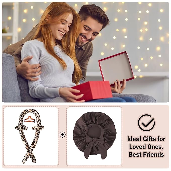 Heatless Hair Curler,Blowout Heatless Curls Overnight,No Heat Curling Rod Set with Satin Bonnet for Sleep in,Leopard