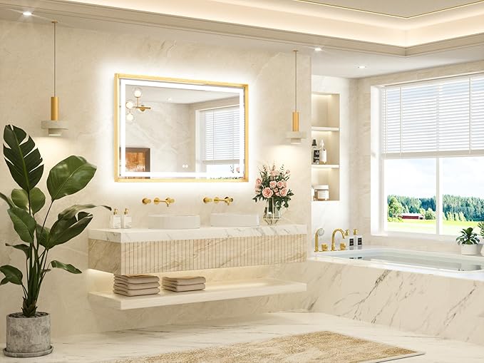 TETOTE 48 x 32 Bathroom LED Mirror Brushed Gold Metal Frame Frontlit & Backlit Vanity Mirror Stepless Dimmable Anti-Fog 3 Colors White/Warm/Natural Light up Vanity Wall-Mounted
