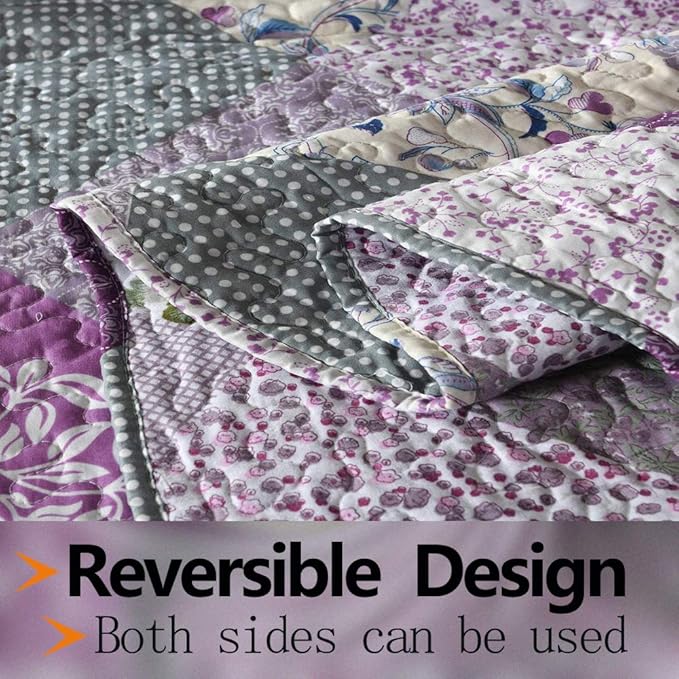 ENJOHOS Purple Patchwork Quilt Queen Size, 3Pc Floral Plaid Queen Bedspread Coverlet Set for All Seasons, Soft Reversible Microfiber Lightweight Bed Cover