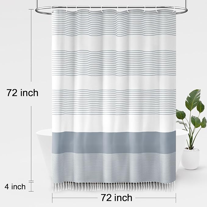 Awellife Blue Shower Curtain Beach Ocean Coastal Nautical Shower Curtain for Bathroom Stripe Tassel 72 X 72 Inches Cotton