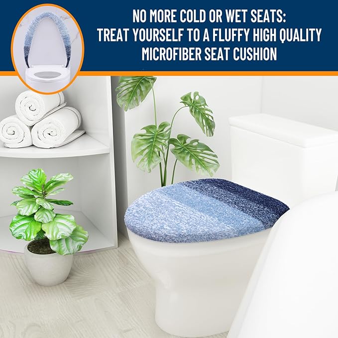 OLANLY Soft Microfiber Bathroom Toilet Lid Cover, Machine Washable Covers, 17.5x15, Stays in Place Rubber Backing, Fits Most Round, Elongated and Oblong Lids, Accessories Decor, Navy