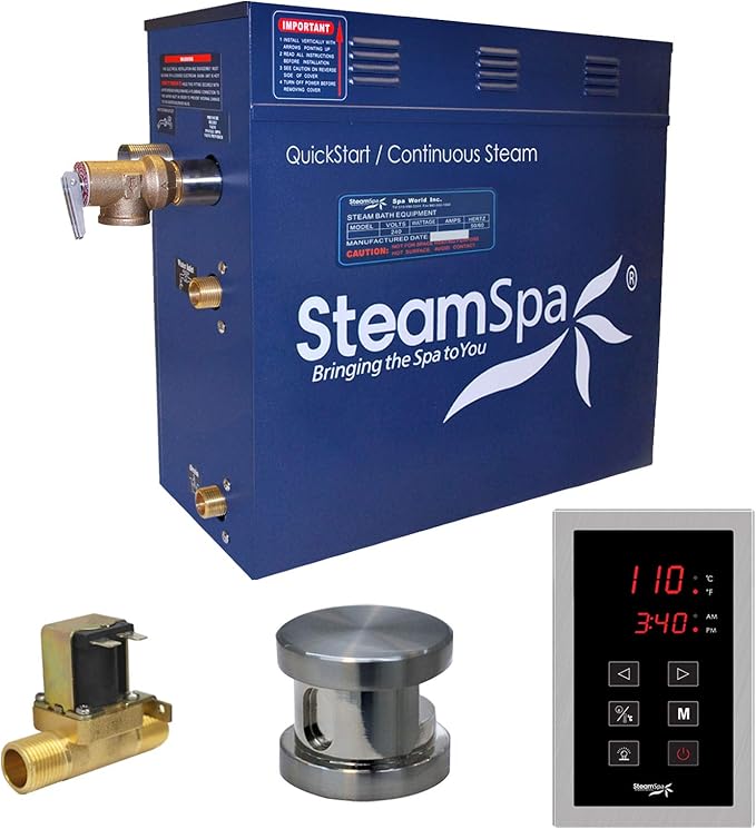 STEAMSPA 7.5kW Steam Sauna Generator Sentry Series 240V Steam Generator with Touch Screen, Steamhead, Built-in Steam Shower Auto Drain, ACU Quickstart Steam Bath Generator (Brushed Nickel)