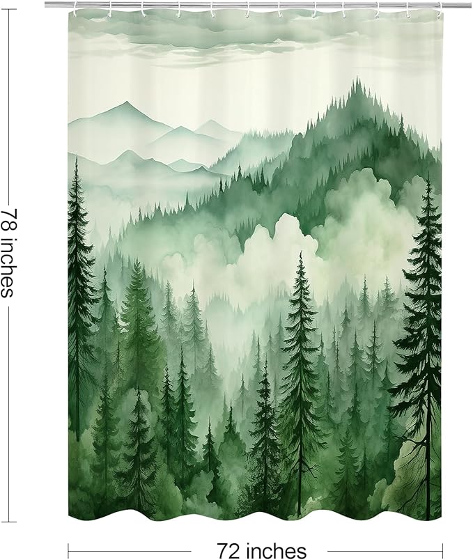 Green Long Misty Pine Forest Shower Curtain 72 x 78, Mountain Foggy Woodland Scenery Tree 78 Inch Long Shower Curtains for Bathroom, Abstract Waterproof Nature-Themed Decor