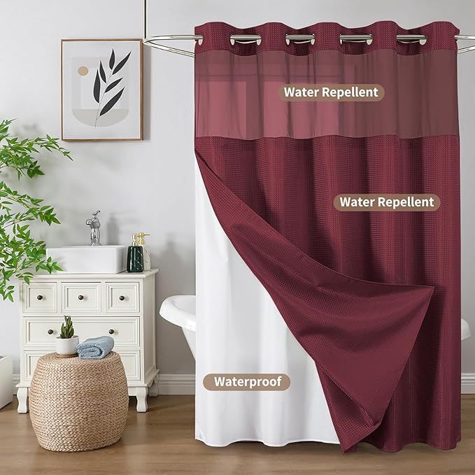 Colorful Star No Hook Shower Curtain with Snap in Fabric Liner, Waffle Weave Heavy Duty Thick Shower Curtains with Mesh Top Window, Hotel Style Waterproof Bathroom Curtain Set, 72 x 87 Inch, Burgundy
