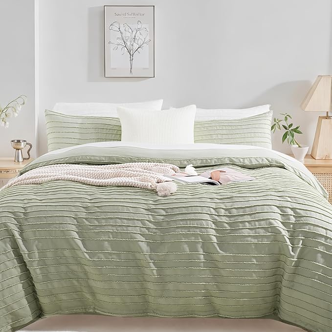 NEXHOME PRO Duvet Cover Full Size, Blue 3 Pieces Boho Tufted Duvet Cover Set, Soft and Lightweight Microfiber Comforter Cover Set for All Season (Sage Green,80 x 90)-No Comforter