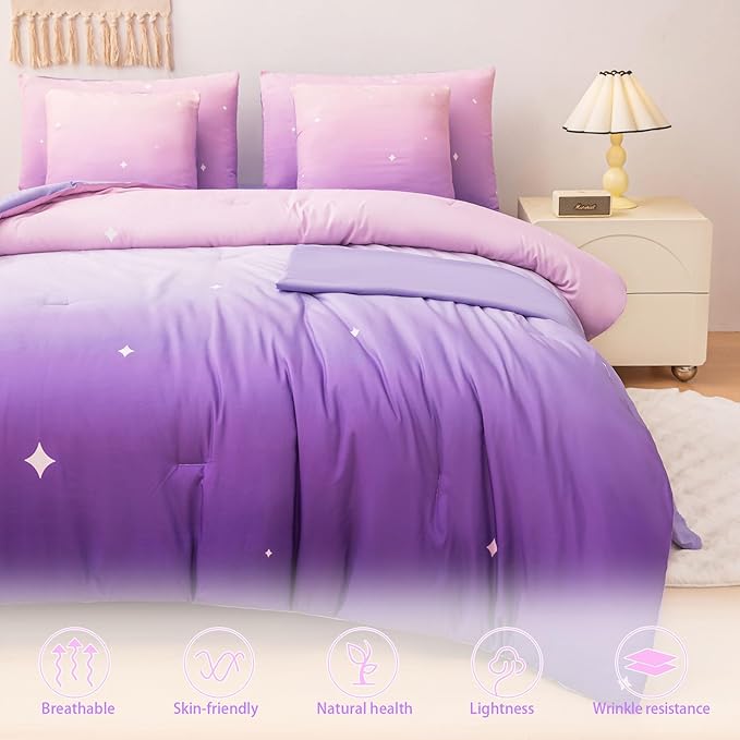 Rainbow Bedding Set Twin Size โ 7 Piece Reversible Girls Comforter with Deep-Pocket Sheet, Gradient Galaxy Design, Whole-Piece Filling, Machine Washable Bed-in-a-Bag for Kids Room Makeover & Gifts