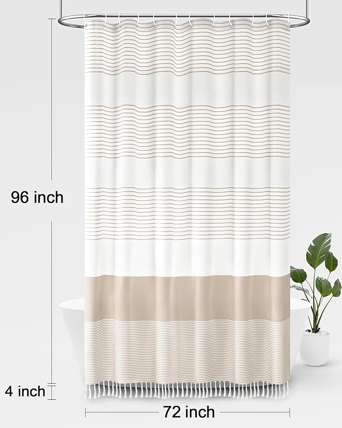 Awellife Boho Beige Shower Curtain for Bathroom Extra Long Cotton Stripe Tassel Shower Curtain 72 X 96 Inches Natural Texture