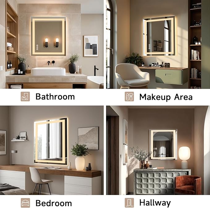 MISSDAY 28x32-inch LED Mirror - 3 Colors - Adjustable Brightness - Defogging - Smart Power-Off - Dual Orientation Mounting - Plug-in or Hardwired - Designed for Bathrooms and Vanity Areas