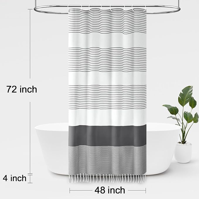 Awellife Gray Shower Curtain for Bathroom Stripe Tassel Shower Curtain 48 X 72 Farmhouse Cotton Boho Dark Grey