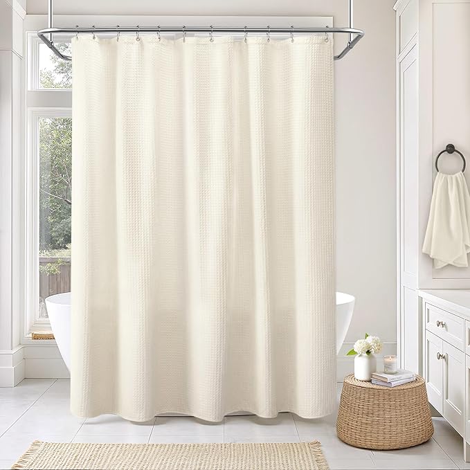 Waffle Weave Shower Curtain - Ivory Cotton Fabric Texture Heavyweight Shower Curtain for Bathroom,Washable,72Wx75L