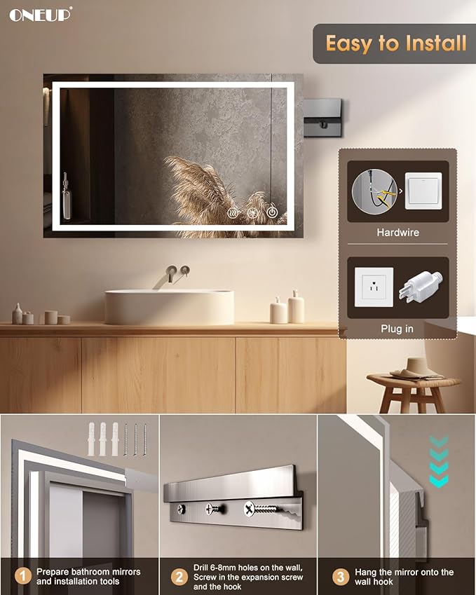 oneup 40''x24'' Bathroom Mirror with Lights,Front Lighted Bathroom Mirrors for Wall,Anti-Fog Smart Vanity Mirror,Touch Button and Memory Function,Dimmable 3-Color Lights (Horizontal/Vertical)