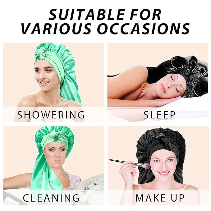 2Pcs Bonnets for Black Women Braid Bonnet, Large Long Satin Bonnet for Braids, Silk Bonnet with Stretchy Tie Band Sleep Cap Hair (2Pcs-Black&Green)