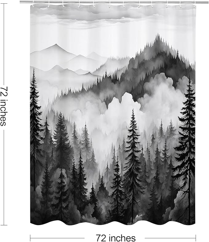 Black and Grey Misty Pine Forest Shower Curtain, Mountain Foggy Woodland Scenery Tree Shower Curtains for Chic Rustic Bathroom, Abstract Modern Waterproof Nature-Themed Decor, 72x72 Inches