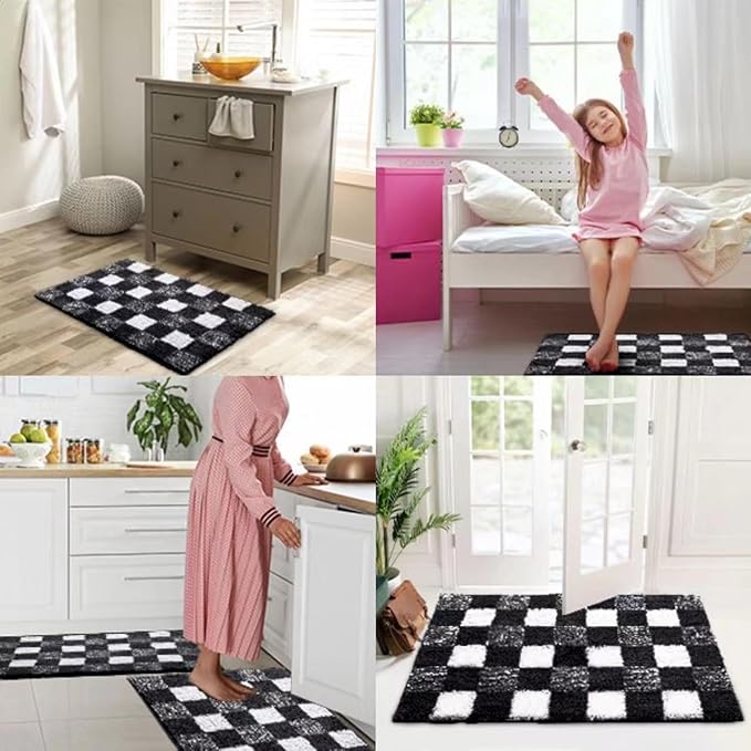 CozeCube Bath mats for Bathroom Non Slip, Fluffy Absorbent Microfiber Bath mat Washable, Aesthetic Bathroom Rugs, Cute Jet Black Checkered Bath mat, Jet Black, 32" x 20"