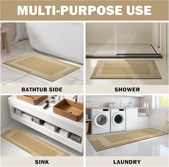 Extra Long Non Slip Bathroom Runner Bath Mat, Rubber Backing Ultra Thin Bath Rug Fit Under Door Quick Dry Super Absorbent Washable Shower Mat for Bathroom Floor Bathtub Sink, Brown 17"x47"