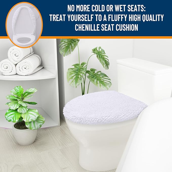 OLANLY Soft Chenille Bathroom Toilet Lid Cover, Machine Washable Seat Covers, 17.5x15, Stays in Place Rubber Backing, Fits Most Round, Elongated and Oblong Lids, Accessories Decor, White