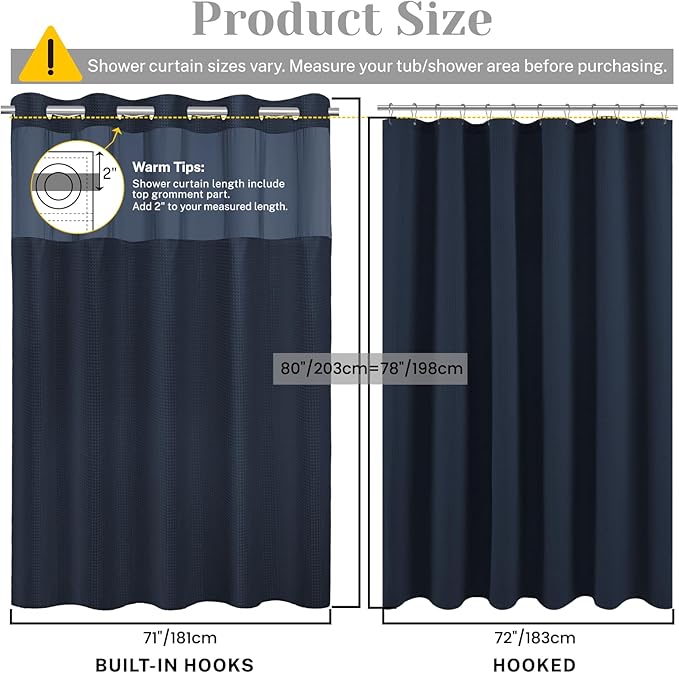 No Hook Shower Curtain with Snap in Liner Set Waffle Shower Curtain for Bathroom Hotel Style Fabric Waterproof Inner Liner,71" W x 80" H, Navy Blue