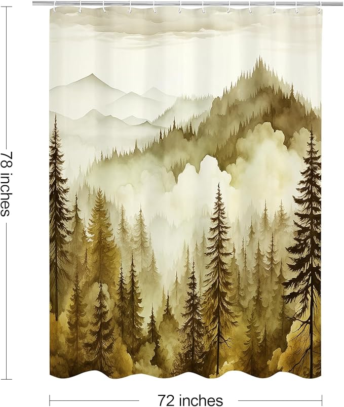 Yellow Long Misty Pine Forest Shower Curtain 72 x 78, Mountain Foggy Woodland Scenery Tree 78 Inch Long Shower Curtains for Bathroom, Abstract Waterproof Nature-Themed Decor
