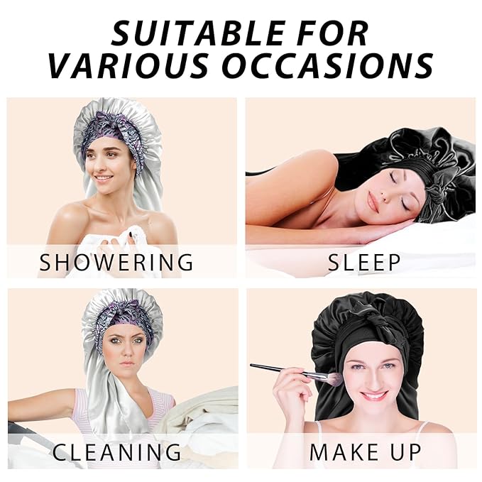 2Pcs Bonnets for Black Women Braid Bonnet, Large Long Satin Silk Bonnet for Braids, Women Braid Bonnet with Stretchy Tie Band for Sleeping Extra Long (Black & Light Green Pattern