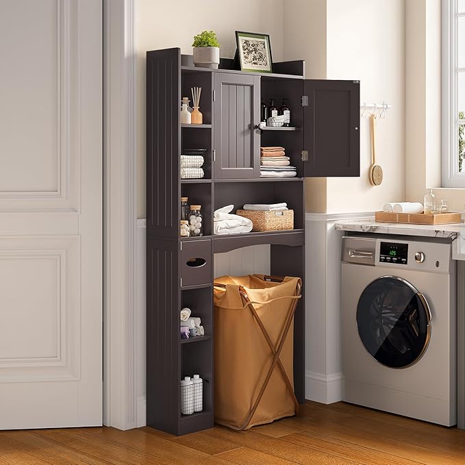 Gizoon Over The Toilet Storage Cabinet, Over Toilet Bathroom Organizer with Adjustable Shelves and 2 Doors, Over Toilet Storage Cabinet with Paper Holder, 2 Side Hooks, Space-Saver, Dark Brown