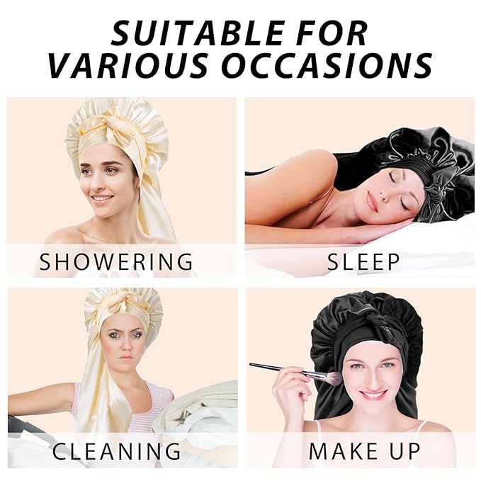 2Pcs Bonnets for Black Women Braid Bonnet, Large Long Satin Bonnet for Braids, Silk Bonnet with Stretchy Tie Band Sleep Cap Hair (2Pcs-Black&Gold)