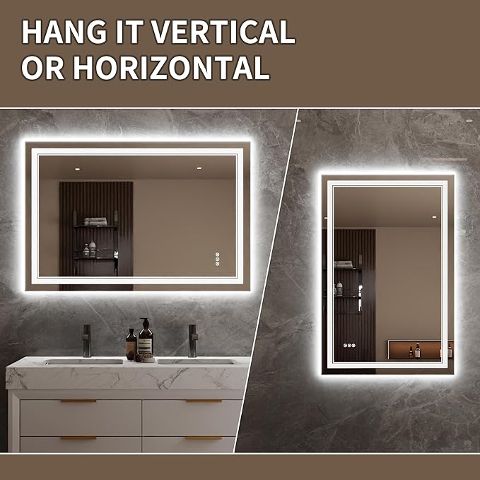 Bathroom Mirror with Lights 32"X48" with Front Light and Backlit, Tempered Glass, Wall Mount Horizontal/Vertical, Stepless Dimmable, 3 Colors, Anti Fog, Bathroom Memory LED Mirror