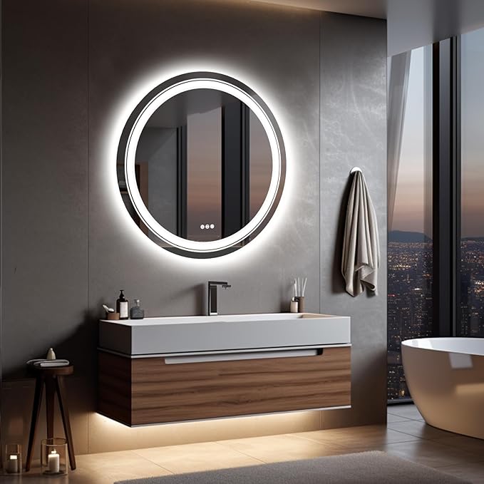 LUVODI Lighted LED Bathroom Mirror: 32” Circle Wall Mounted Large Lighted Makeup Mirror with Backlit and Front Light - Illuminated Dimmable 3 colors Vanity Mirrors with Demister Pad Smart Touch Switch