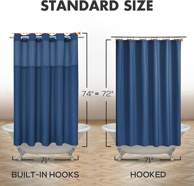 No Hook Slub Textured Shower Curtain with PEVA Liner Set - 71" x 74"(72"), Hotel Style with See Through Top Window, Machine Washable & Water Repellent Fabric, Navy Blue, 71x74