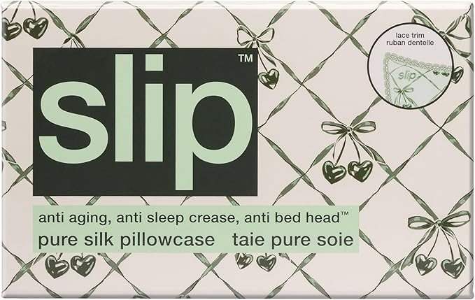 slip Queen Silk Pillowcase – Wintergreen Limited Edition with Lace Trim – 100% Pure Mulberry Slipsilk™ – Anti-Aging, Anti-Frizz, Anti-BedHead