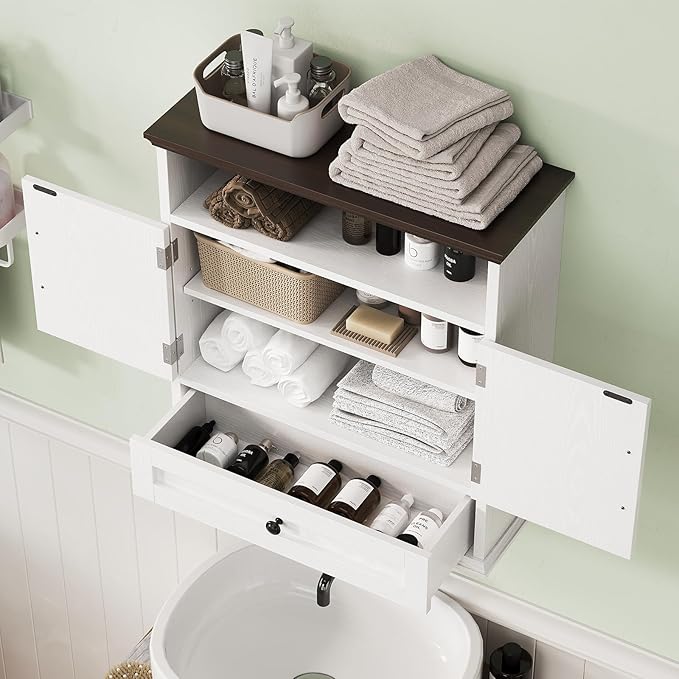 Bathroom Wall Cabinet, Wall Mounted Medicine Cabinet with Drawer, Barn Doors & Adjustable Shelf, 24.4"H x 23.6"W x 9"D White Over Toilet Farmhouse Storage Cabinet for Kitchen, Laundry Room, Entryway