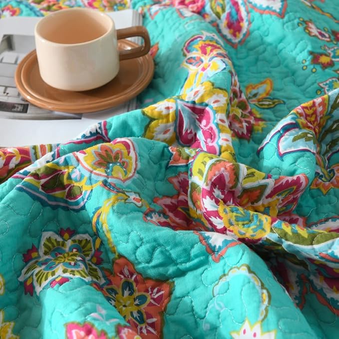 Cotton Bedspread Bedding Coverlet Quilt Sets, Reversible Vintage Branch Floral Bedspread comforters, (Vintage Turquoise Paisley Floral Pattern, Queen Size)