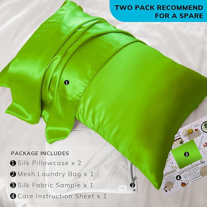 PROMEED 23 Momme Silk Pillowcase 2 Pack with Zipper, 3rd Gen Grade 6A+ 100% Mulberry Silk Pillow Case Set of 2,Silk Cooling Pillow Cases for Hot Sleepers (King 20"x36", Green)