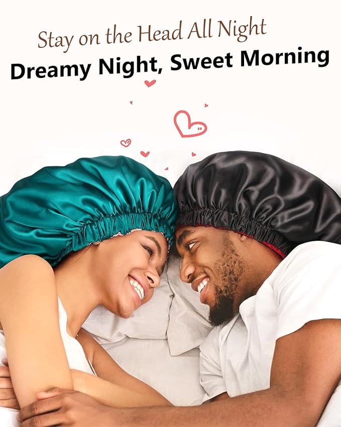 mikimini Satin Bonnet for Men and Women, Reversible Double Layer Sleeping Bonnet for Hair Braids with Anti-slip Adjustable Elastic Band Super Soft (XL, Black/Blue)