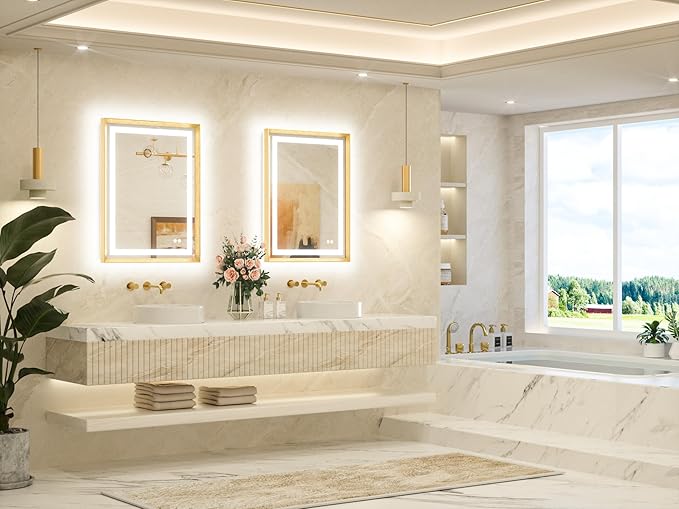 TETOTE 24 x 32 Bathroom LED Mirror Brushed Gold Metal Frame Frontlit & Backlit Vanity Mirror Anti-Fog Stepless Dimmable 3 Colors White/Warm/Natural Mirror with Lights Wall-Mounted