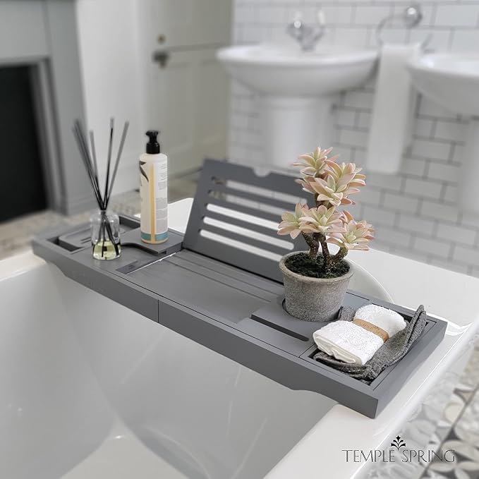 Temple Spring Wooden Bathtub Tray, Bamboo Bathroom Accessories, Bath Tray for Tub, at Home Spa Essentials, Board for Tub Table, Bath Caddy for Bathtub Accessories & Bathroom Essentials – Slate Grey