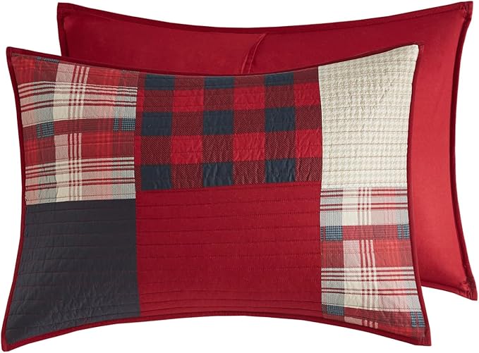 Woolrich Sunset Reversible Quilt Set - Cottage Styling Reversed to Solid Color, All Season Lightweight Coverlet, Cozy Bedding Layer, Matching Shams, Oversized Full/Queen, Plaid Red 3 Piece