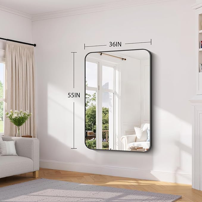 Koonmi Black Framed Bathroom Mirror - 36x55 Inch Shatterproof Tempered Glass Vanity Mirror for Bathroom Sink, Wall Mounted with Matte Aluminum Alloy Frame, No Distortion, Modern Decor