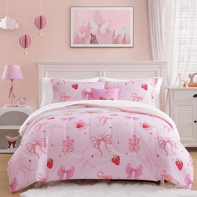 Full Size Comforter Set for Girls - 4 Pieces Pink Bow Full Bedding Sets for Kids,1 Comforter, 2 Shams and 1 Decor Pillow