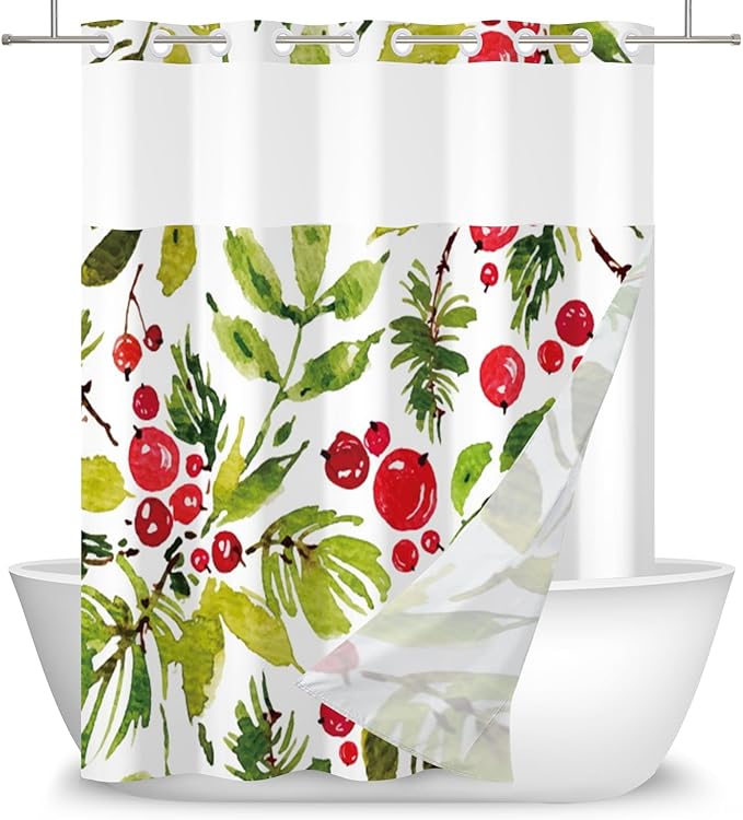 Floral Shower Curtain No Hooks with Snap-in Liner,Botanical Shower Curtains,Watercolor Fabric Holly Berry Shower Curtain Set,with See Through Top Window for Bathroom Decor,71 x 74 Inch