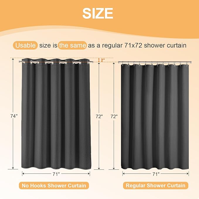 River Dream No Hook Cotton Blend Shower Curtain with Snap in Liner, Hotel Grade Shower Curtains for Bathroom, Water Repellent, Black, 71" Wx74 L