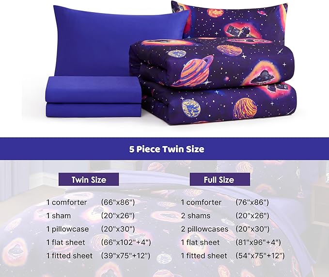 Twin Comforter Set for Boys-5 Pieces Space Rocket Twin Bedding Sets for Kids, Ultra Soft Bed in A Bag with Sheets