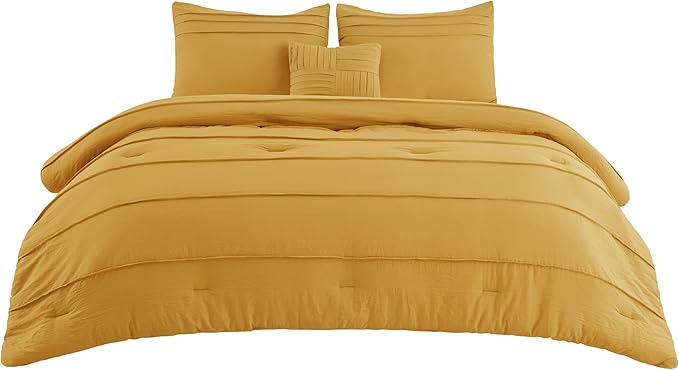 Bedsure California King Comforter Set - 4 Pieces Pinch Pleat Bed Set, Mustard Yellow Boho Bedding for All Season, 1 Soft Comforter, 2 Pillowcases, 1 Decorative Pillow