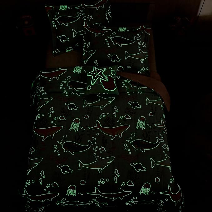 Glow in The Dark Kids Comforter Set Full Size for Girls, Ocean Animals Bedding Set 1 Comforter, 1 Decor Pillow, 2 Pillow Shams