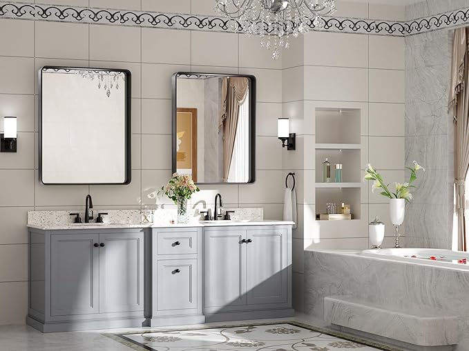 TETOTE Black Framed Bathroom Mirror, 24 x 30 Inch Matte Metal Frame Vanity Mirror, Modern Farmhouse Wall Mounted Rectangle Mirror (Horizontal/Vertical)