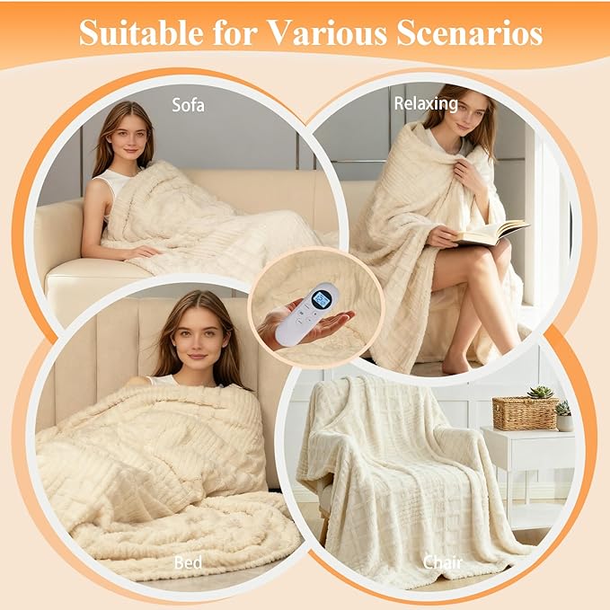 Heated Blanket Electric Throw, 50"X60" Waffle Heating Blanket with 12 Heat Levels, Fast Heating Blanket with 1-12 Timer Settings, Overheat Protection with ETL & FCC for Home Office Sofa (Milky White)