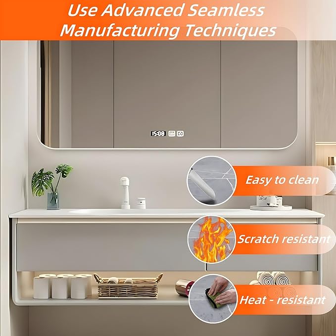 56IN Grey Bathroom Vanity Set - Floating Bathroom Vanity with Single Sink | Including LED Smart Defogging Mirror Cabinet & Time Display Function, Equipped with Motion Sensing Light Strip (Style B)