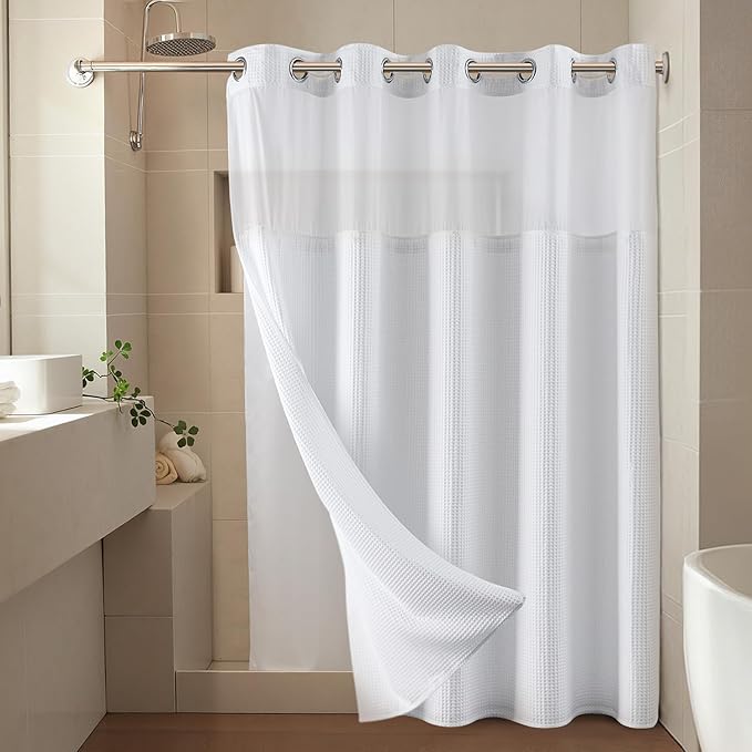 River Dream White Fabric Shower Curtain Set, Cotton Blend, Waffle Weave, with Snap in Replacement Liner,71 x 74 inches