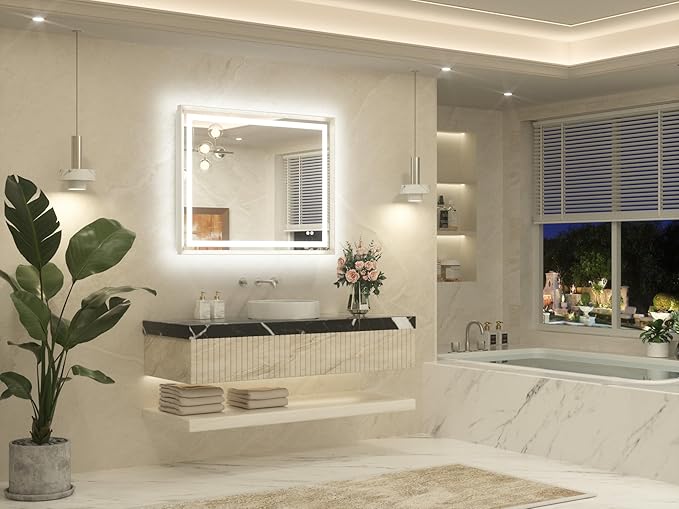 TETOTE 40 x 32 Led Mirror Brushed Nickel Metal Frame Frontlit & Backlit Vanity Mirror Anti-Fog Stepless Dimmable 3 Colors White/Warm/Natural Wall Mirror with Lights Wall-Mounted