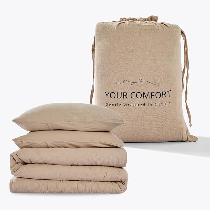 100% Sandwashed Cotton Twin Duvet Cover, Soft Twin Size Duvet Cover Set 3 Pieces with Zipper Clousre & Corner Buttons (Linen, Twin 69 x 90)
