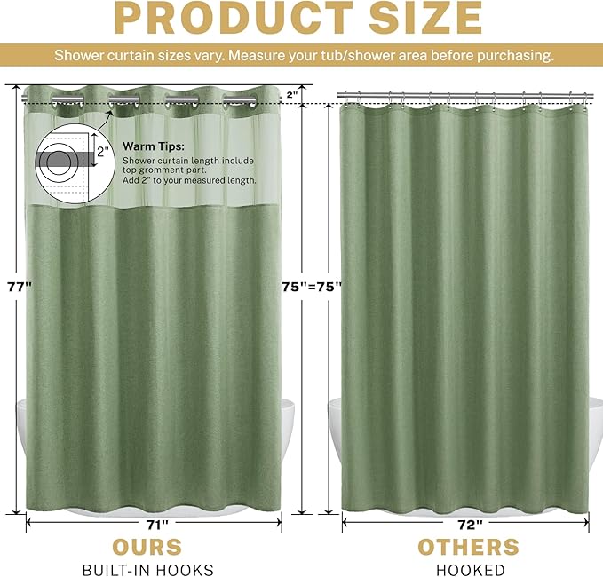 No Hook Shower Curtain with Snap in Liner, Polyester Textured Shower Curtain with Liner Set, Waterproof Washable Hotel Style Shower Curtains for Bathroom, 71Wx77H, Sage Green